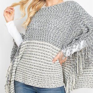 BOHO KNITTED TWO TONE STRIPED FRINGE PONCHO